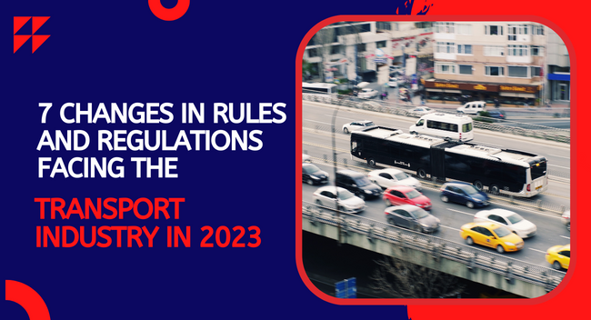 7-Changes-In-Rules-And-Regulations-Facing-The-Transport-Industry-In-2023 A black bus travels on a busy highway overpass in an urban area. Surrounding cars and buildings create a bustling city scene. Text reads: "7 Changes in Rules and Regulations Facing the Transport Industry in 2023."