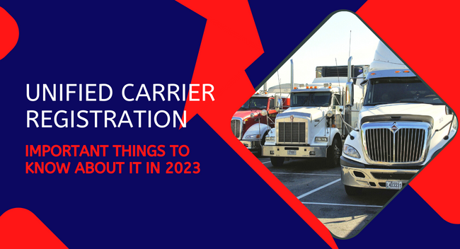 What-Is-Unified-Carrier-Registration-7-Important-Things-To-Know-About-It-In-2023 Trucks are parked in a row at a busy transport hub. The text reads, "Unified Carrier Registration: Important Things to Know About It in 2023," set against a bold, geometric background.